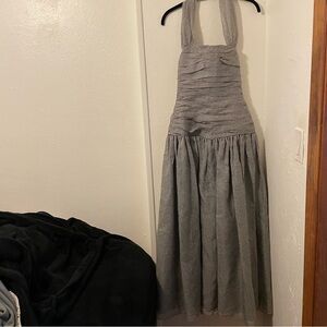 Carolyne Roehm Vintage Silver Gray Polka Dot Halter Cocktail Party Dress